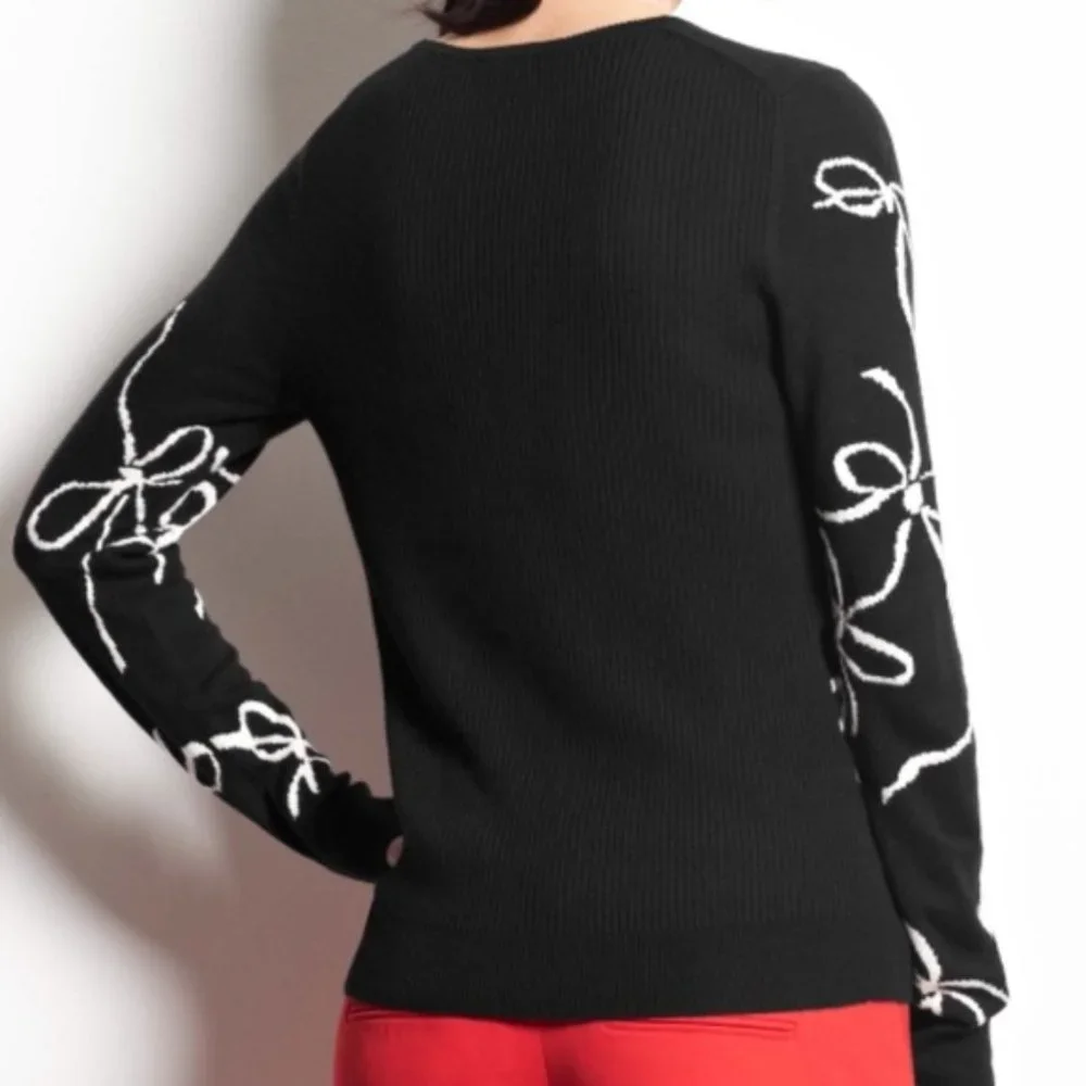 Ann Taylor Factory Wool Blend Pullover Black With Bow Designs Sweater Women;s XS - Picture 7 of 12